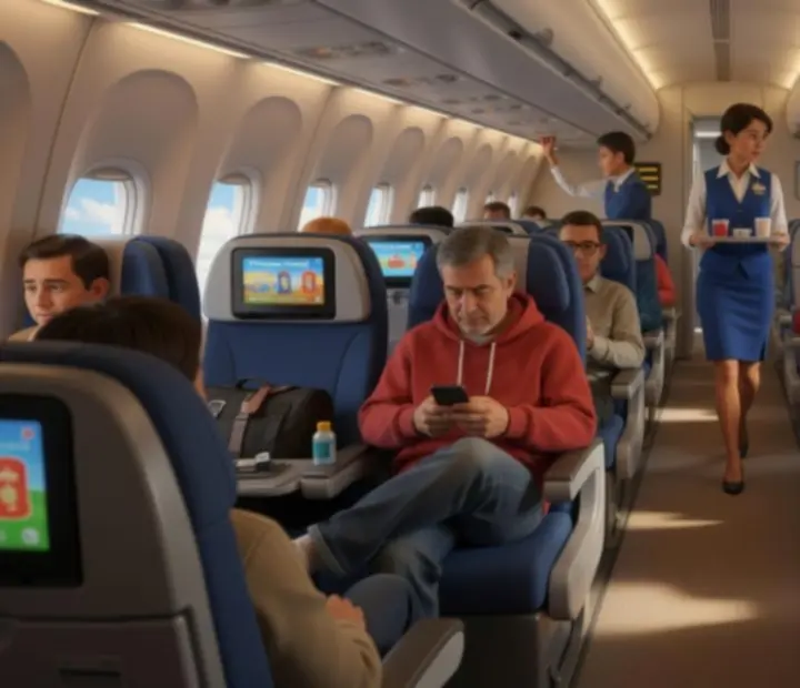Warmly lit aircraft cabin ambience in Dear Passengers: Travel Crew