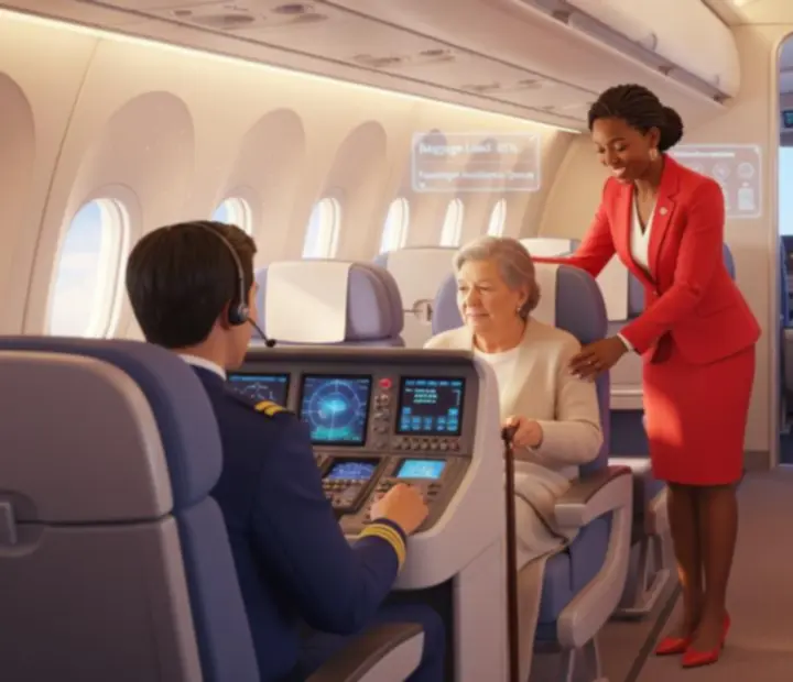 Cooperative crew members coordinating tasks inside the airplane cabin in Dear Passengers: Travel Crew