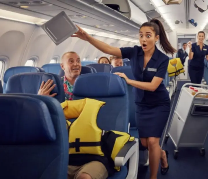 Crew members coordinating during a chaotic flight scene in Dear Passengers: Travel Crew.