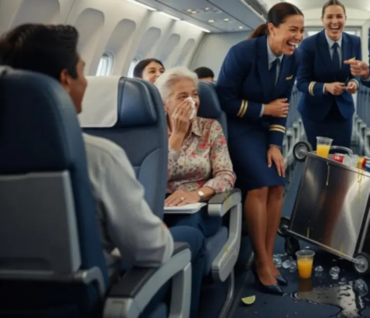 Crew in Dear Passengers: Travel Crew laughing together after a chaotic physics-driven incident.