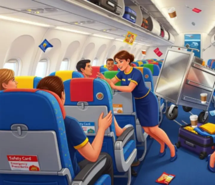 Cabin view of a turbulent moment in Dear Passengers: Travel Crew with items shifting and crew reacting.