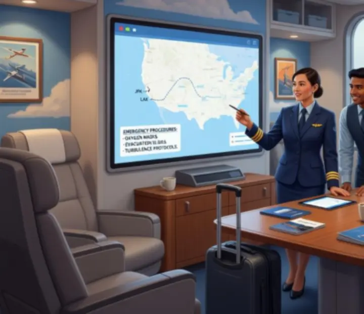 Stylised cabin briefing scene with crew reviewing a flight plan in Dear Passengers: Travel Crew