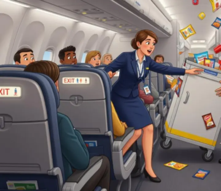 Crew reacting to in-flight chaos as items and luggage shift around the cabin