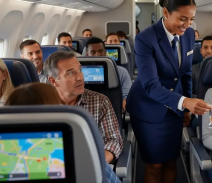 Cabin crew performing in-flight service to passengers in Dear Passengers: Travel Crew