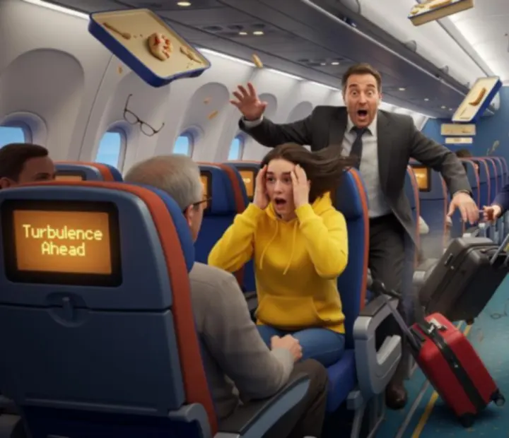 Cabin view showing playful physics chaos with luggage and items shifting mid-flight