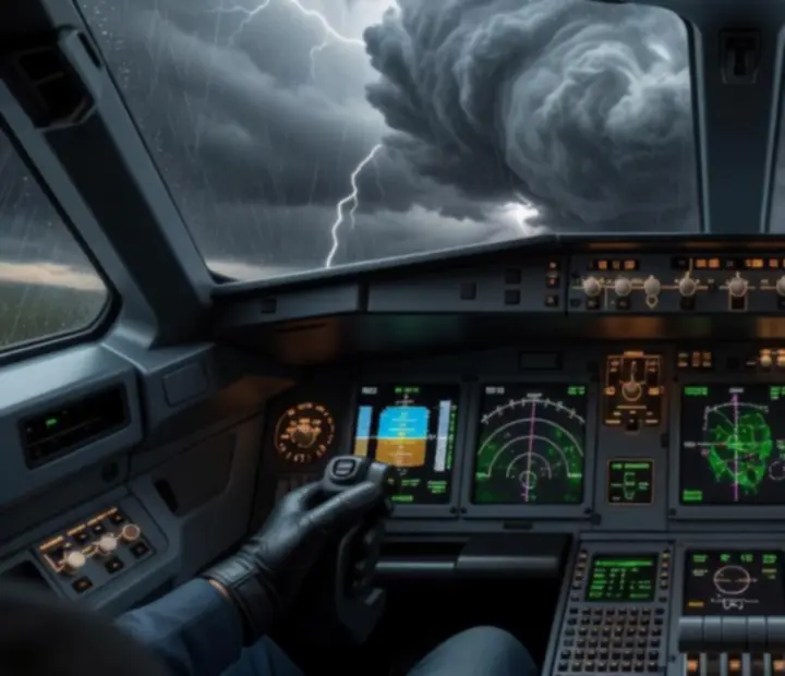 Pilot view of the cockpit in Dear Passengers: Travel Crew with instruments and controls during an active flight.