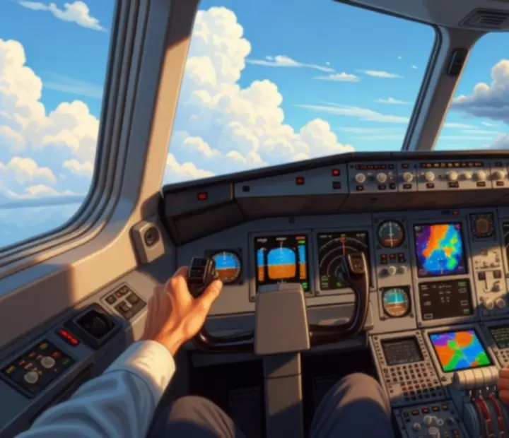 Pilot cockpit-style view suggesting visibility of skies and cabin indicators