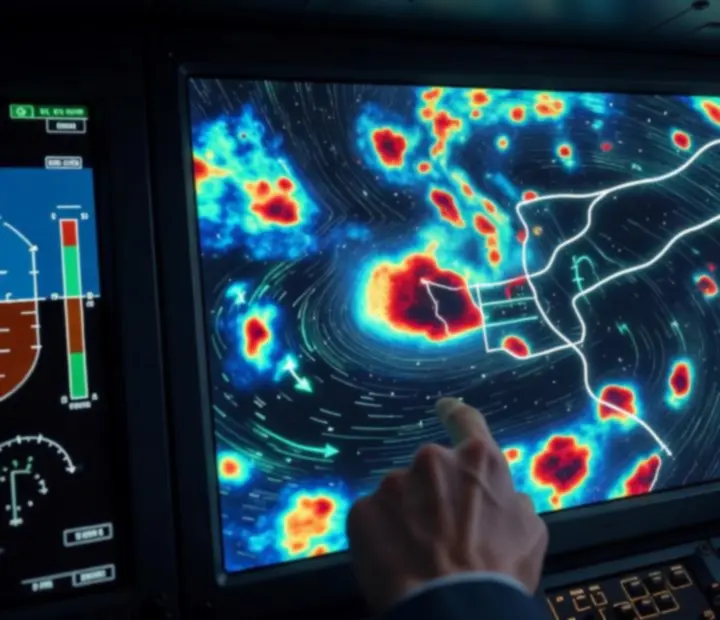 Weather console showing cloud and turbulence forecasts for an upcoming flight